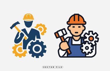 Fototapeta premium Two stylized workers with gears one holding a hammer vector illustration