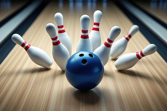 Bowling Strike Scene with Blue Ball Hitting Pins on Wooden Lane Sports and Recreation Action Shot