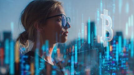Woman analyzing cryptocurrency data with a futuristic overlay of financial graphs and Bitcoin symbol.