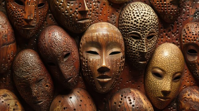 Intricate collection of hand carved wooden African tribal masks with unique textures and patterns