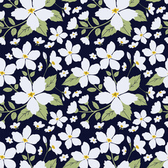 White floral repeat pattern with green leaves on navy background, seamless flora design for fabric, wrapping, wallpaper and surface print.