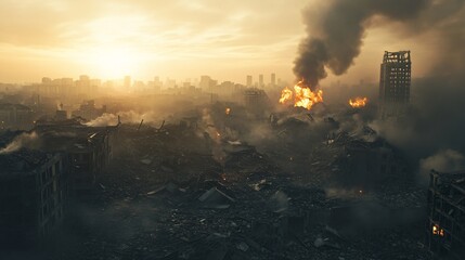 Obraz premium Destructive Cityscape at Sunset Aerial View of Burning Buildings and Ruins