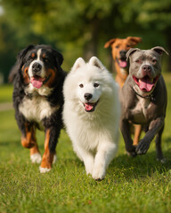Kilka psów różnych ras biega razem, radośnie się bawiąc na świeżym powietrzu. Pełne energii i szczęścia chwile wspólnej zabawy.