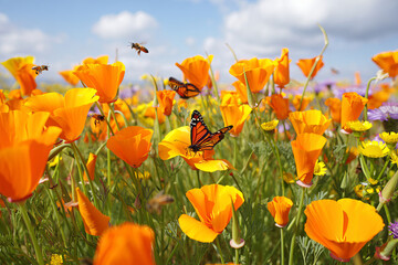 Obraz premium Vibrant California Poppy Field with Butterflies and Bees