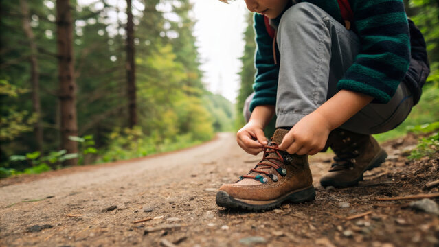 Camping kids outdoor campfire trip. Child tying hiking boot forest trail, outdoor adventure, nature, travel, exploration. Child summer vacation fun activity, children adventure travel