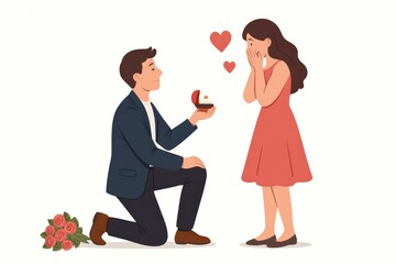 A man proposing with a ring in a box kneeling before a surprised woman whose hands are covering her face in shock celebrating a moment of love and commitment illuminated by joyful emotions
