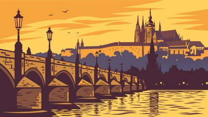 Prague czech republic travel destination landscape view of charles bridge and prague castle skyline art