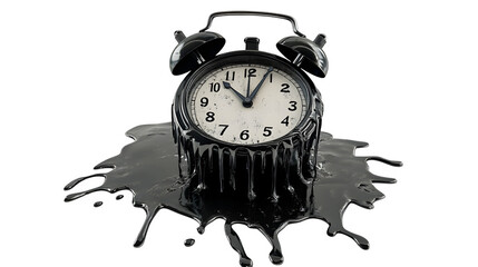 Surreal render of a vintage alarm clock melting and dripping down, forming a pool of liquid time below it, hyperrealistic metal and liquid, isolated on Transparent Background