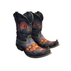 Spooky Halloween Cowboy Boots with Jack-o'-lanterns and Haunted Mansion Design