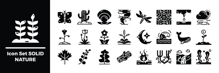 Naklejka premium Solid Style Nature Icons Set Featuring Plants, Animals, and Natural Elements.