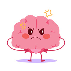 A cartoon brain character with an angry expression, symbolizing stress, frustration, and mental overload. Illustration for health, education or psychology concepts