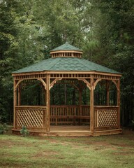 Wooden octagonal gazebo in a grassy yard