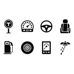 Collection of automotive icons in silhouette isolated on white background