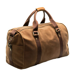 Brown leather duffle bag with straps isolated on transparent background travel luggage vintage fashion accessory unisex storage durable carry handmade stylish gear