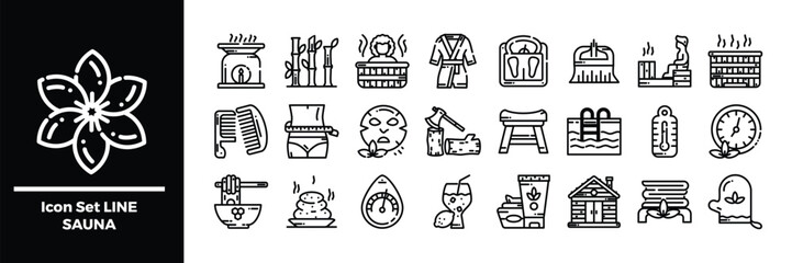 Sauna Icon Set Line Including Accessories and Spa Elements.