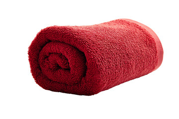 Red towel rolled microfiber cloth isolated on transparent background spa gym textile absorbent cotton hygiene hotel washroom cleanliness fabric wrap