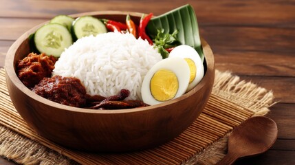 Colorful wooden bowl filled with fluffy white rice, hard-boiled egg halves, fresh cucumber slices, red chili peppers, green leafy vegetable, dark-red chili paste, dried meat strips, 