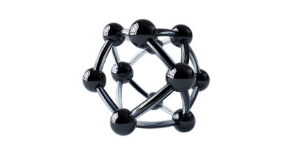 Futuristic black molecular structure model isolated on transparent background science chemistry abstract sphere connection atom technology futuristic 3d render geometry