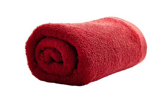 Red towel rolled microfiber cloth isolated on transparent background spa gym textile absorbent cotton hygiene hotel washroom cleanliness fabric wrap