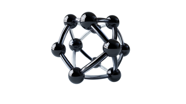 Futuristic black molecular structure model isolated on transparent background science chemistry abstract sphere connection atom technology futuristic 3d render geometry