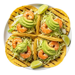 Four Shrimp Tacos On A White Plate With Avocado Lime And Cabbage Against A Transparent Background