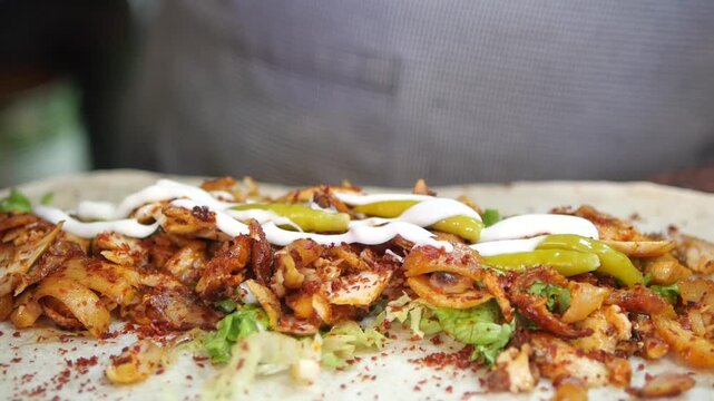 Delicious shawarma preparation in a bustling kitchen