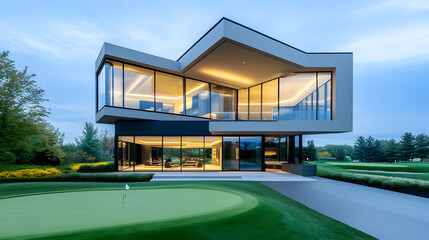 Modern indoor golf simulator room with a large screen displaying a golf course