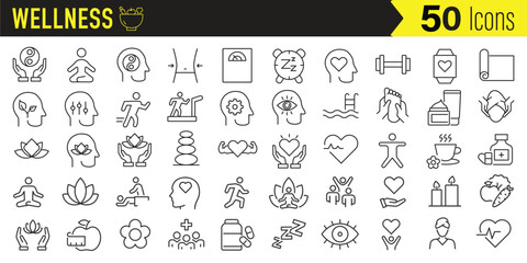 Collection of 50 outline icons representing wellness health and self care concepts