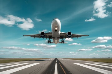 Obraz premium Commercial Airplane Taking Off from Runway Under Clear Blue Sky – Aviation Travel Concept