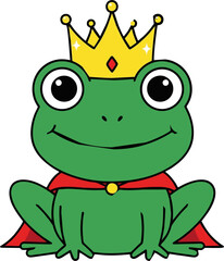 Cartoon Frog Prince Standing with Crown and Cape – Whimsical Vector Character on White Background