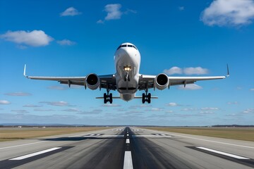 Obraz premium Commercial Airplane Taking Off from Runway Under Clear Blue Sky – Aviation Travel Concept