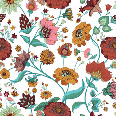 Elegant seamless pattern with vintage Indian floral motifs in warm, rich colors on a white background, ideal for textiles, home decor, apparel, gift wrap, and surface pattern design projects