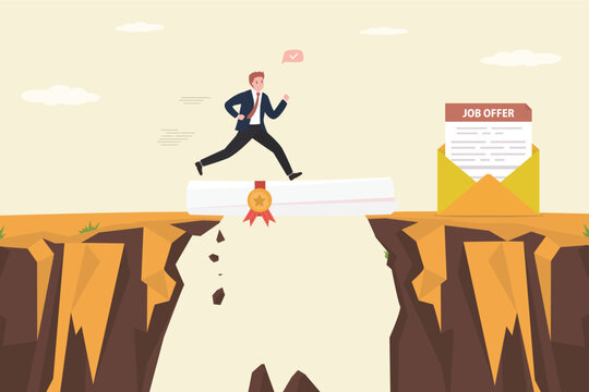 Confident student running on giant rolled diploma and overcome gap. Education and knowledge help young people success in search best job.