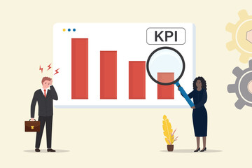Falling KPI chart. Key Performance Indicator. Business people measuring business result. Quality analysis and control. KPI measurement to evaluate success or failure.