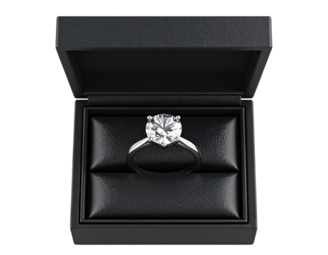 Diamond Ring in Black Matte Jewelry Case, Top-Down View, Isolated PNG