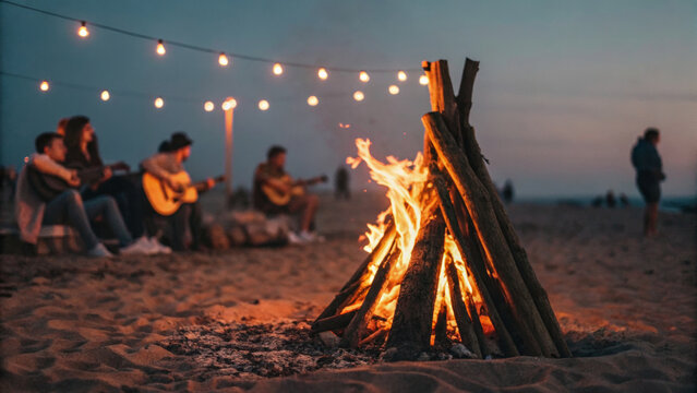 Family camping trip in fun summer vacation. Bonfire beach group guitar evening summer vacation friends music relaxation people enjoying warm. outdoor activity, adventure holiday, travel, picnic