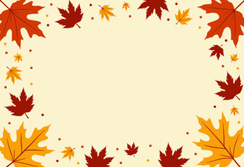 Fototapeta premium Colorful autumn leaves border on beige background for seasonal designs 