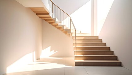 Fototapeta premium Modern interior staircase with bold architecture and warm sunlight casting shadows
