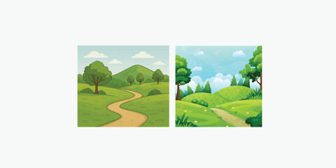 Fototapeta premium Print Beautiful nature landscape with green grass, hill, trees, and footpath vector illustration