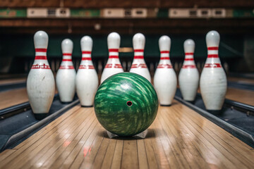 Bowling Ball Awaiting Action on a Wooden Lane with Pins Set in a Bowling Alley for a Competitive Sport Game