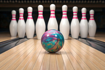 Bowling Ball Awaiting the Throw on a Polished Wooden Lane with Pins Ready for Action in the Alley