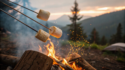 Family camping trip in fun summer vacation. Roasting marshmallow campfire outdoor mountain summer vacation family fun nature adventure. outdoor activity, adventure holiday, travel, picnic