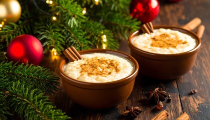 Bowls of creamy rice pudding with cinnamon sticks
