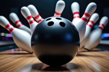 Bowling Ball About to Hit Pins on a Wooden Lane for a Strike in the Indoor Recreational Sport Game
