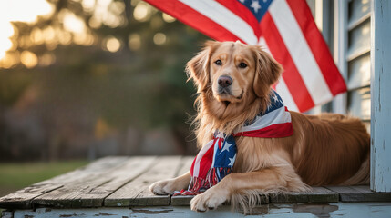 Independence Day, Patriotic Golden Retriever with American Flag Scarf on Weathered Wooden Deck.