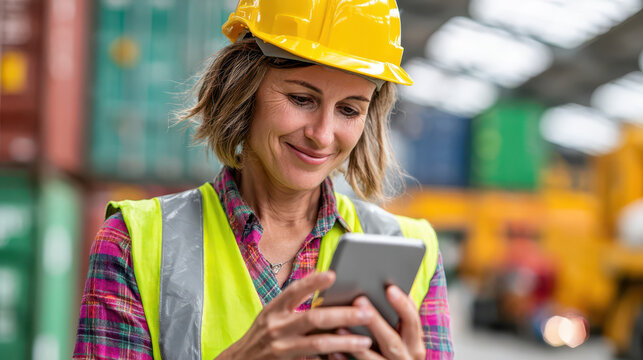 Smiling worker in safety gear using smartphone at an industrial site - Powered by Adobe