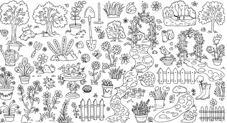 Outline Collection of Various Garden Plants, Tools, and Creatures