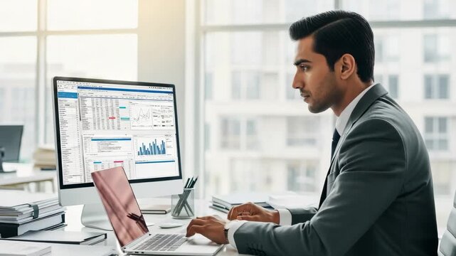 Focused Indian businessman working on a computer in a modern office. Financial analyst reviewing data, charts, and spreadsheets on multiple screens.