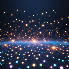 Fototapeta premium Glowing network nodes forming a vast interconnected digital landscape.