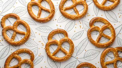 Golden pretzel arrangement: A delightful collection of freshly baked pretzels, artistically arranged, showcasing their intricate shapes and enticing textures.